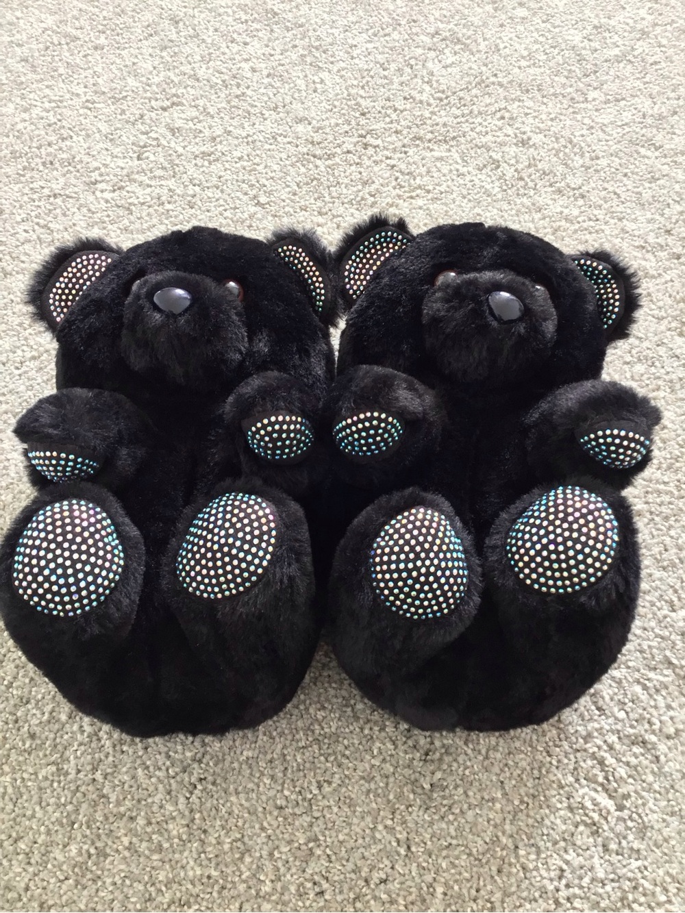 WILD DIVA LOUNGE Black Plush Bear Women’s Slippers with Iridescent Studs, size S